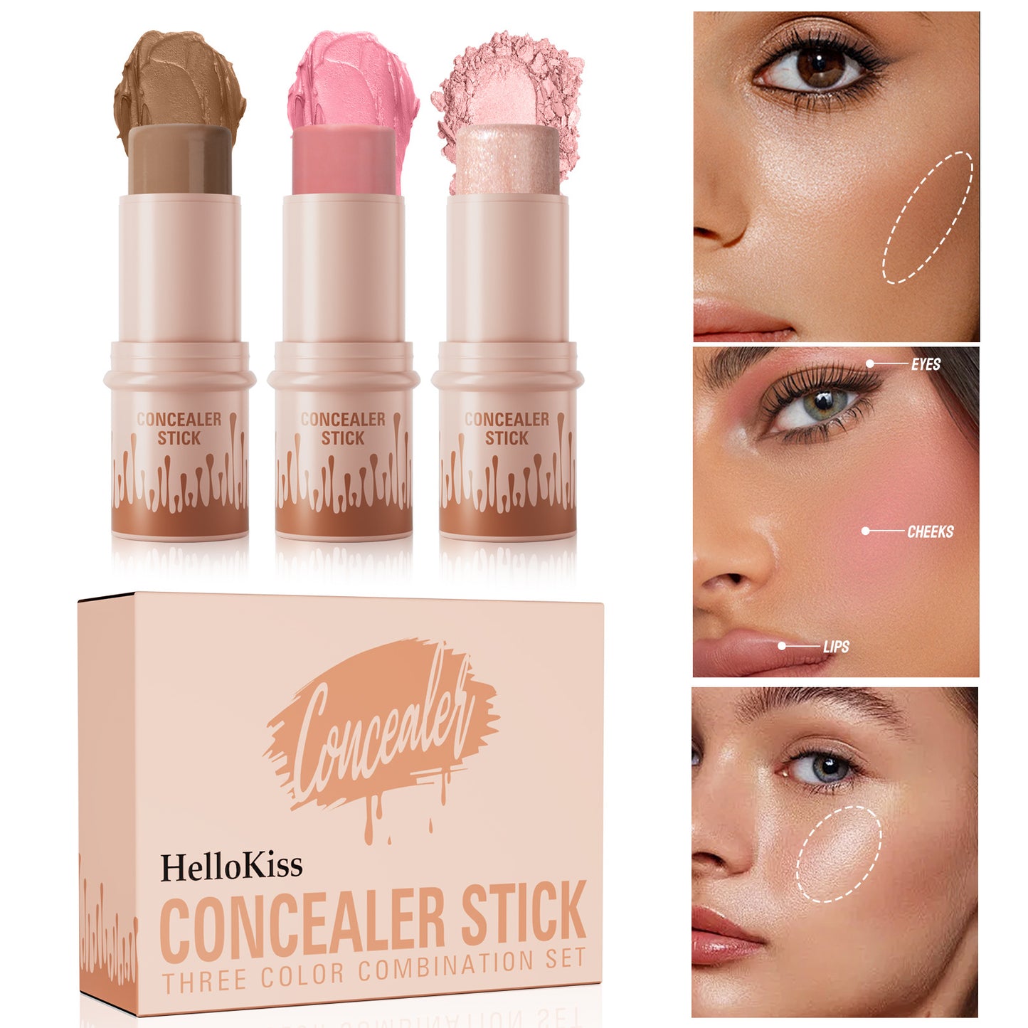 Hellokiss 3-in-1 Makeup Stick Set – Highlight, Contour (Shadow) & Blush