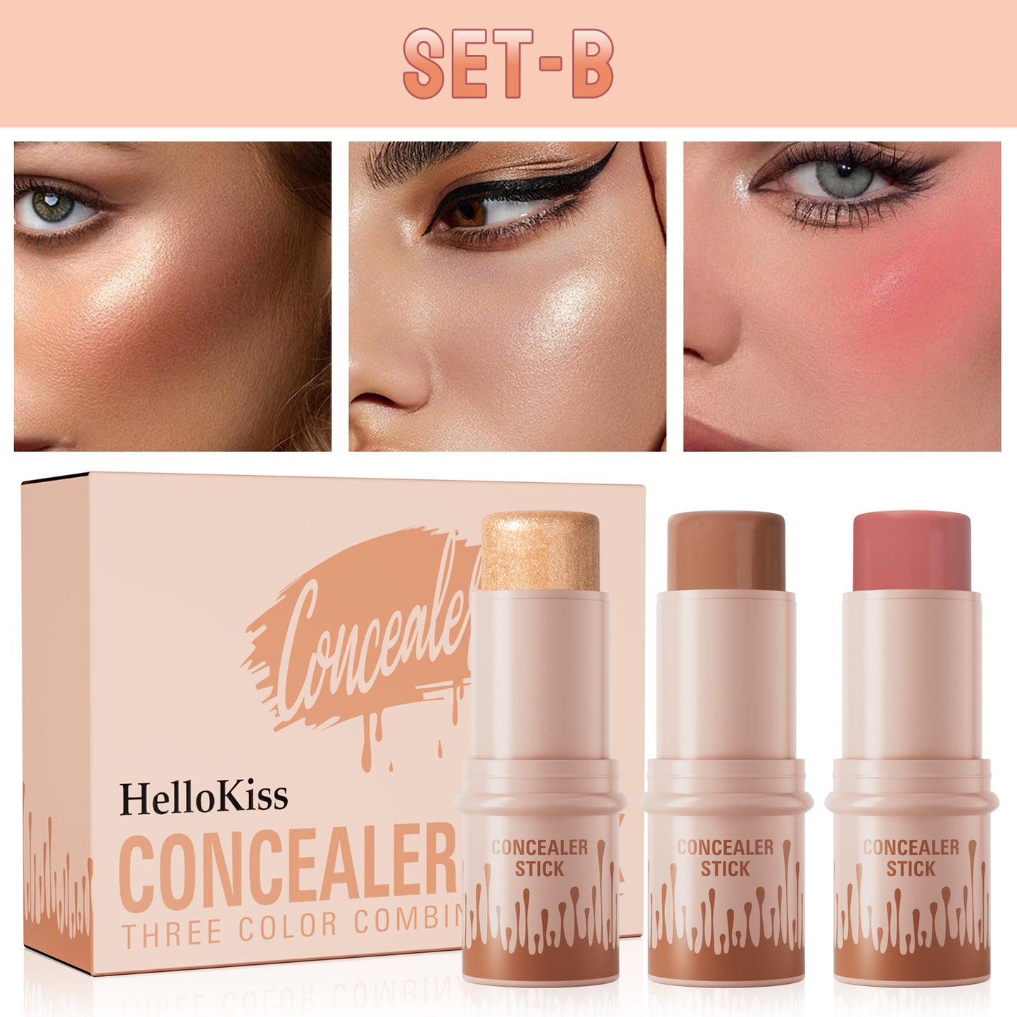 Hellokiss 3-in-1 Makeup Stick Set – Highlight, Contour (Shadow) & Blush