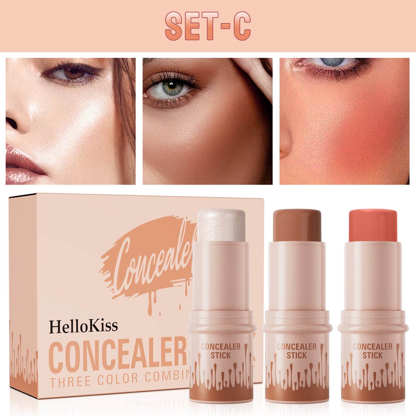 Hellokiss 3-in-1 Makeup Stick Set – Highlight, Contour (Shadow) & Blush