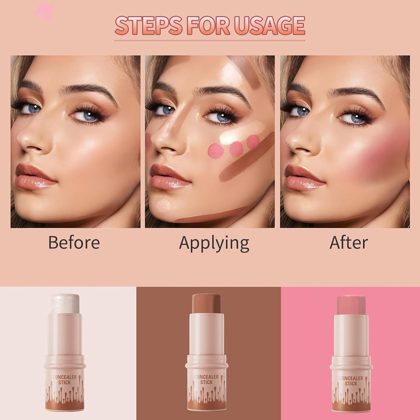 Hellokiss 3-in-1 Makeup Stick Set – Highlight, Contour (Shadow) & Blush